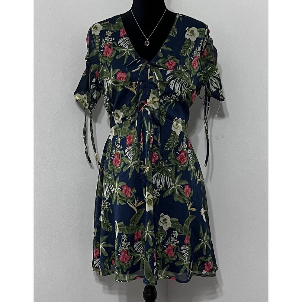 Md’M Tropical Dress Hawaii Hibiscus Short Chiffon Blue Medium Sz 10 resort